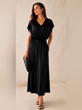 EUC WHBM Black V-Neck Blouson Maxi Dress Minimalist size M